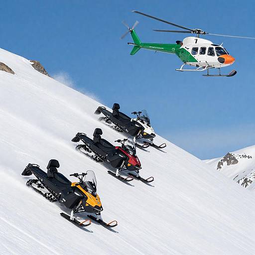 Three Snowmobiles Ascending with Green Helicopter