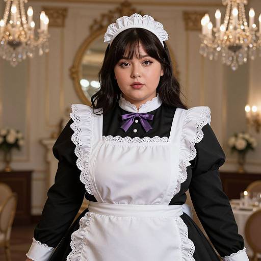 Photograph of an Asian woman with black hair, wearing a traditional French maid outfit, standing in an elegant, chandelier-lit room.