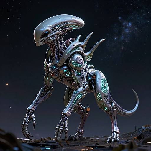 Digital CGI of a futuristic, cybernetic, alien creature with a sleek, metallic exoskeleton, glowing neon patterns, and a large, dome