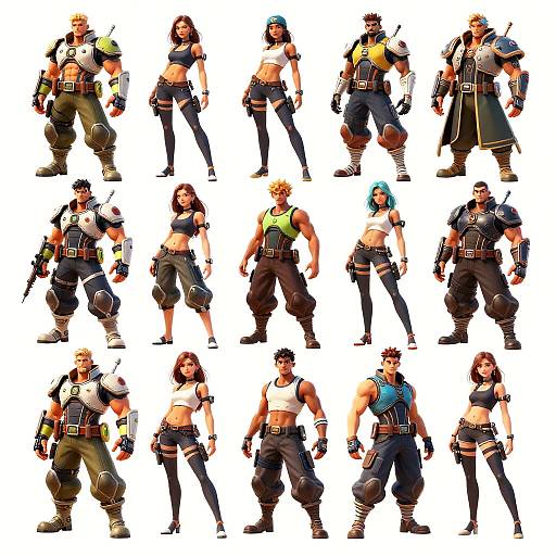 Digital art of 16 diverse, muscular, anime-style characters with varied outfits, including crop tops, pants, and combat gear, standing against a white