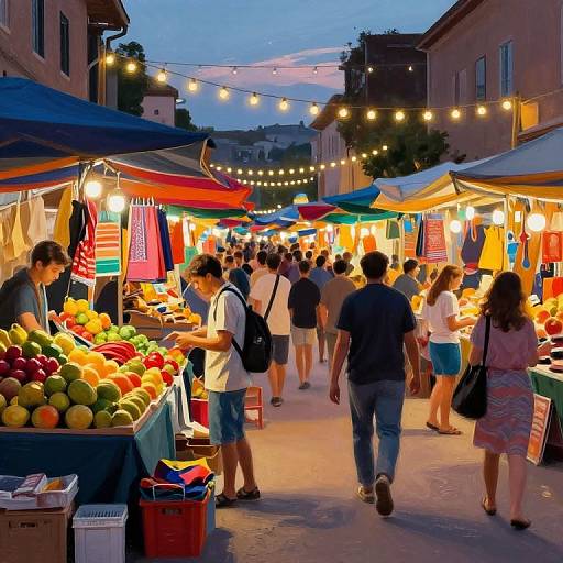 Vibrant evening market photograph: crowded, colorful stalls with string lights, people browsing fresh fruits, vegetables, and clothing, under twilight sky.