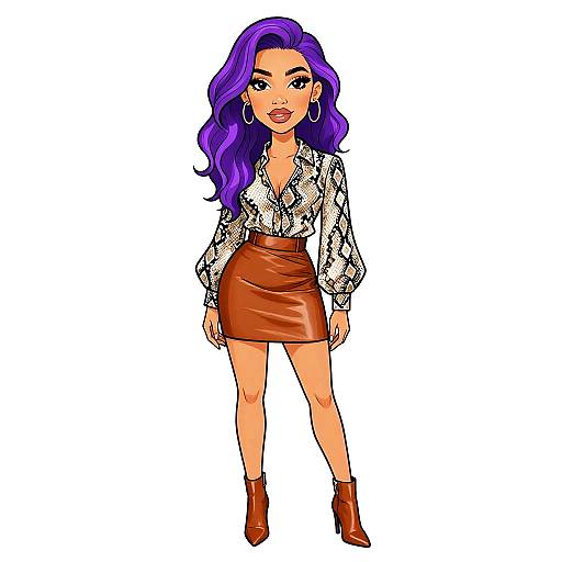 Digital illustration of a confident woman with vibrant purple hair, wearing a white patterned blouse, brown leather skirt, and brown ankle boots, standing against a