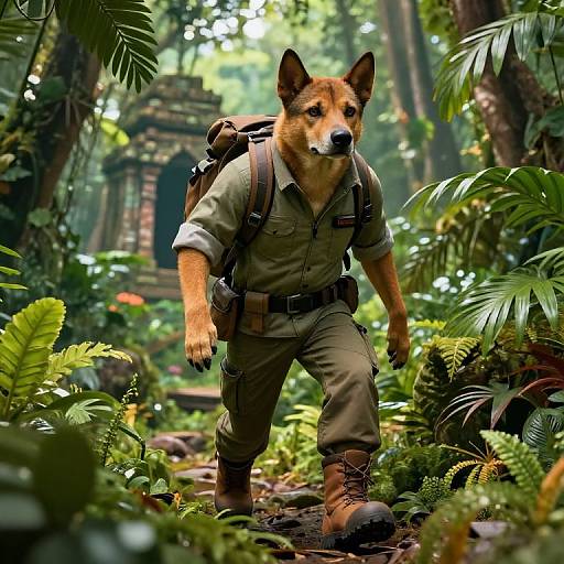 Photograph-like CGI of an anthropomorphic German Shepherd wearing a military uniform, backpack, and boots, walking through a lush, dense jungle with sunlight filtering