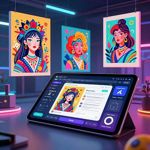 Digital artwork gallery: vibrant portraits of three women with colorful headdresses, displayed on glowing screens, illuminated by neon lights, with a stylized tablet showing