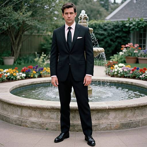 Photograph of a handsome, dark-haired man in a black suit, white shirt, and tie, standing in front of a circular stone fountain with water