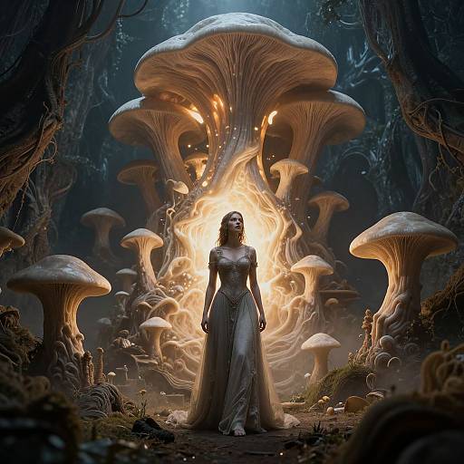 Digital art: A mysterious woman in a flowing white dress stands center, illuminated by fiery mushrooms in a dark, enchanted forest.