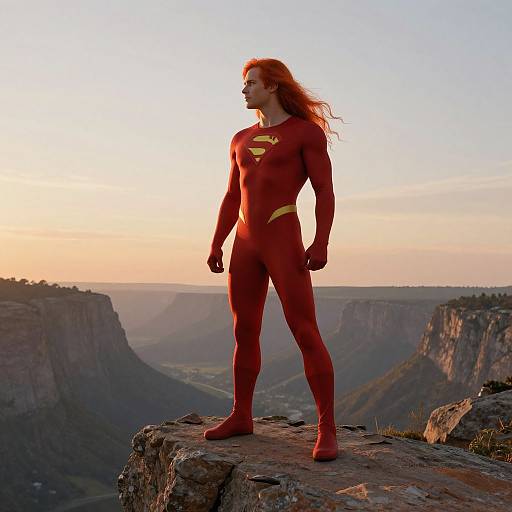 Photograph of a muscular man with long red hair in red Superman suit with yellow 