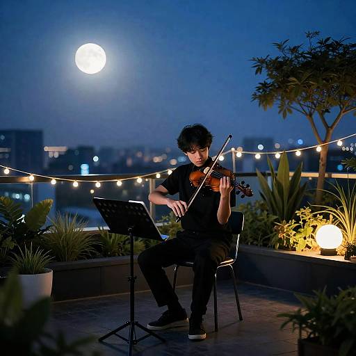 Moonlit Violinist on Lush Rooftop