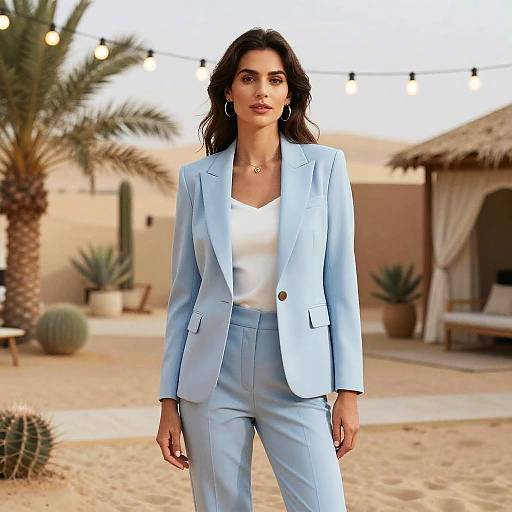 Photograph of a confident woman with long dark hair, wearing a light blue blazer and white top, standing in a desert courtyard with palm trees and