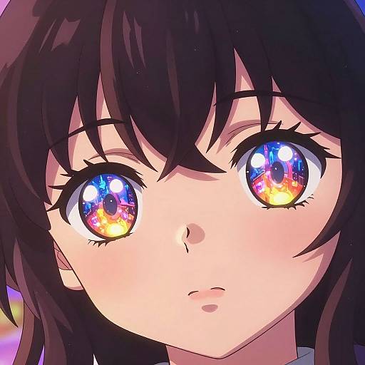 Digital anime-style portrait of a young girl with large, reflective purple and yellow eyes, dark brown hair, and a neutral expression.