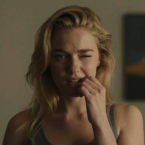 Photograph of a blonde woman with wavy hair, wearing a grey tank top, winking and touching her lips with her fingers. Background is blurred