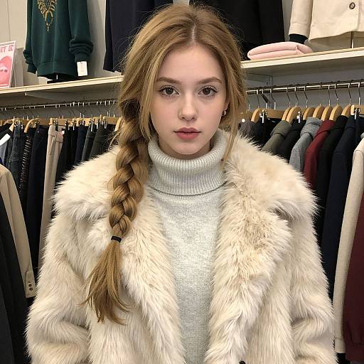 Photograph of a young woman with fair skin, long braided brown hair, wearing a white turtleneck and beige fur coat, standing in a