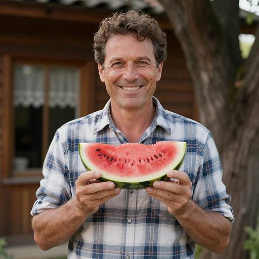 Cheerful Man with Watermelon Slice