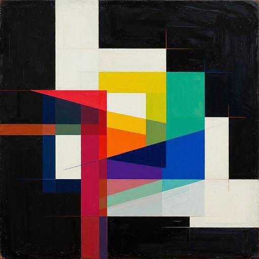 Abstract geometric painting with bold white, black, yellow, red, green, blue, and orange squares intersecting diagonally on a black background.