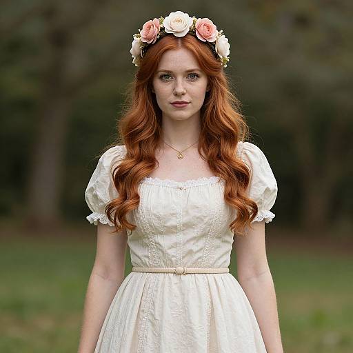 Photograph of a fair-skinned, red-haired woman with long wavy hair, wearing a white lace dress and flower crown, standing in a grass