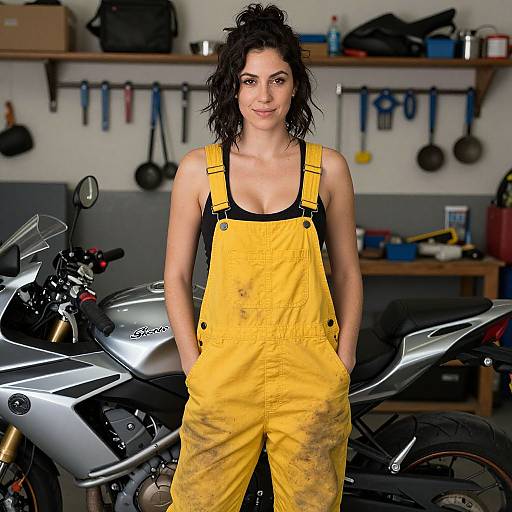 Photograph of a smiling woman with dark curly hair, wearing yellow overalls, standing in a cluttered garage with a silver motorcycle behind her. Tools