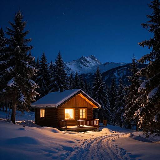 Photograph of a wooden cabin with glowing windows, set in a snowy forest at night, with illuminated tracks leading to the door and a mountain peak in