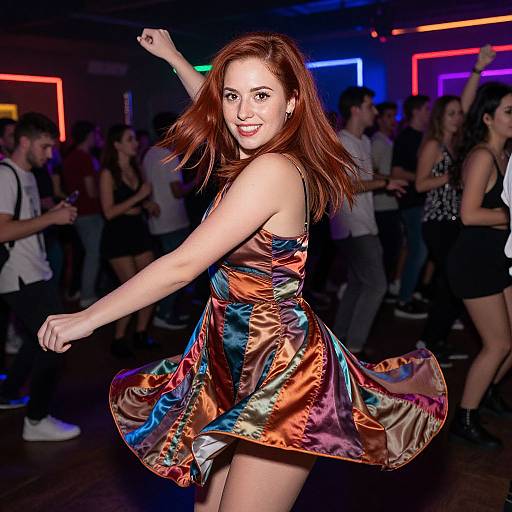 Photograph of a smiling red-haired woman in a colorful, shiny, sleeveless dress dancing in a vibrant, neon-lit club with a lively crowd