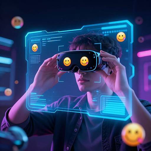 Photograph of a young man wearing a VR headset with glowing blue holographic interface and smiley faces, set against a neon-lit background.
