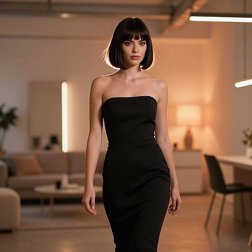 Photograph of a slender woman with a black bob haircut, wearing a strapless black dress, walking confidently in a modern, warmly lit living room with
