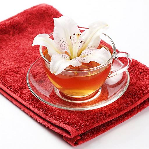 Glass Teacup with Lilies on Red Towel
