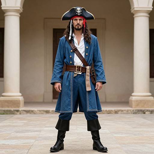 Photograph of a bearded man in a blue pirate coat, tricorn hat, white shirt, brown belt, black boots, standing on stone floor