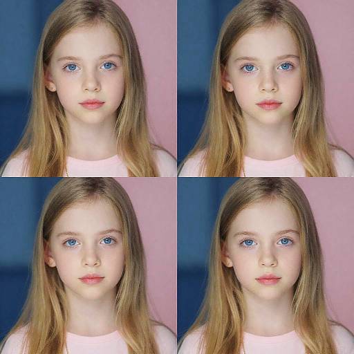 Photograph collage of a young Caucasian girl with long blonde hair, blue eyes, and fair skin, wearing a white shirt, in four identical portraits.