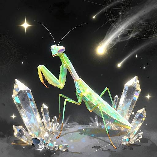 Digital illustration of a glowing green praying mantis surrounded by radiant, multi-colored crystal shards against a starry, cosmic night sky.