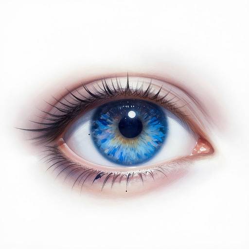 Close-up photograph of a vivid blue eye with long black lashes, a bright white reflection, and detailed iris patterns against a white background.