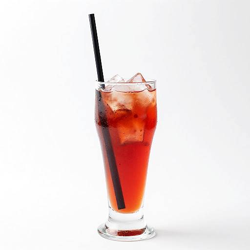 Photograph of a tall, red iced drink with ice cubes and a black straw in a clear glass on a white background.