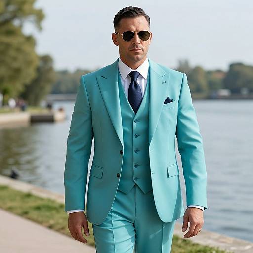 Stylish Man in Turquoise Summer Suit