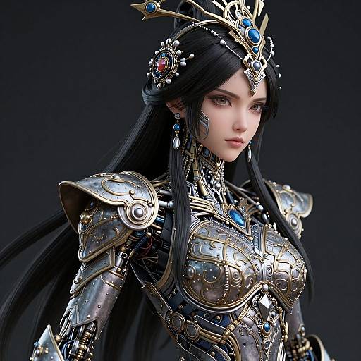 Digital art of a beautiful, fair-skinned woman with long black hair, wearing intricate, silver and gold armored fantasy attire with blue gemstones, and