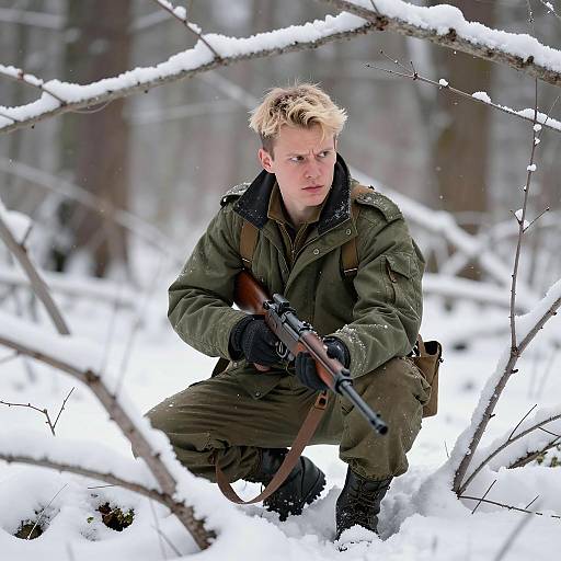 Soldier Crouching with Rifle in Snowy Forest