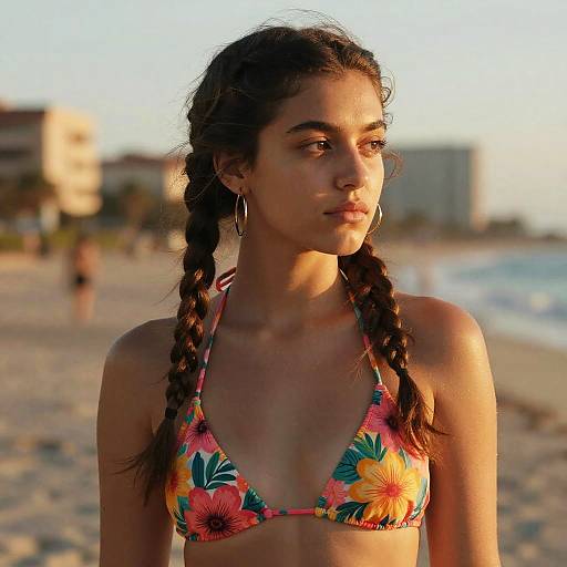 Young Woman in Floral Bikini at Sunset