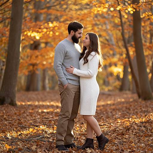 Photograph of a bearded man in grey sweater and beige pants, and a woman in white knit dress, black boots, standing in an autumn forest