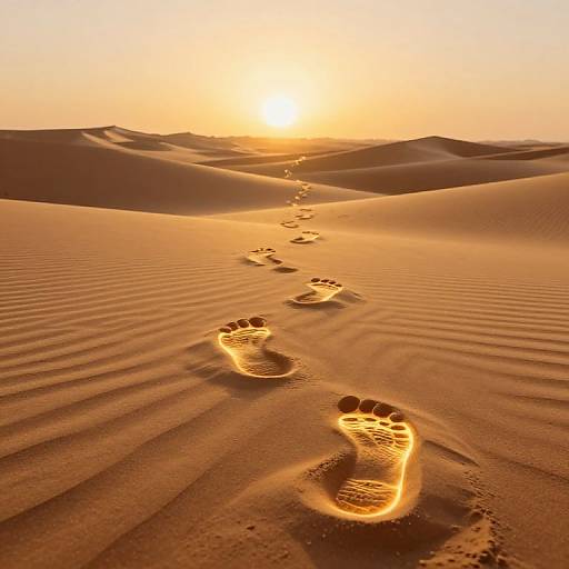 Photograph of a golden sunset over a vast, rippled desert with a trail of distinct, glowing footprints leading toward the horizon.