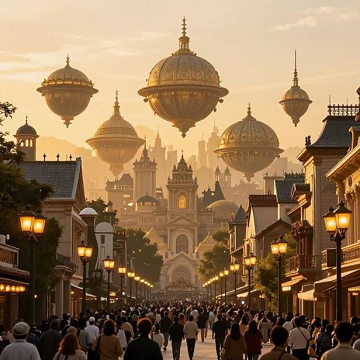 Photograph of a bustling Disney-like street at sunset, filled with people, surrounded by ornate buildings and floating, golden-hued airships.