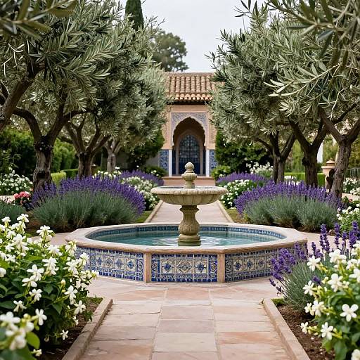 Photograph of a serene Mediterranean garden with a central blue-tiled fountain, surrounded by lavender, white flowers, and olive trees, leading to an ar