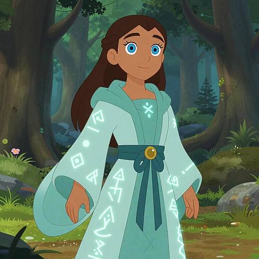 Digital cartoon of a young girl with brown hair, blue eyes, wearing a glowing white robe with blue symbols, in a forest.