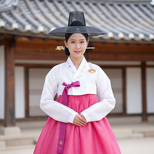 Photograph of a Korean woman in traditional hanbok: white long-sleeve blouse, pink skirt, black hat, background of Korean tiled roof