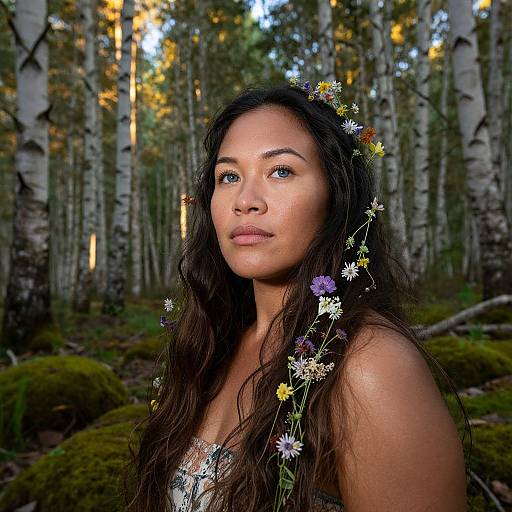 Photograph of a beautiful woman with long, dark wavy hair, wearing a flower crown, standing in a sunlit birch forest, moss-covered
