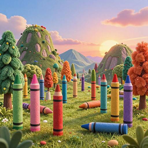 Whimsical digital artwork of colorful, crayon-shaped trees and hills under a vibrant sunset sky, with scattered crayons in a grassy field.