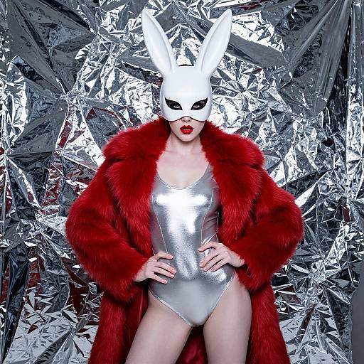 Photograph of a pale-skinned woman in a silver leotard, red fur coat, white bunny mask, red lips, against crinkled
