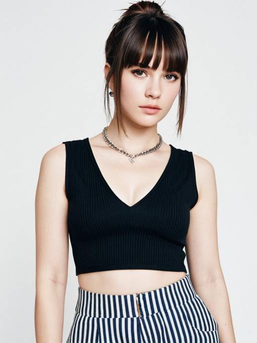 Young Woman in Black Crop Top and Striped Trousers
