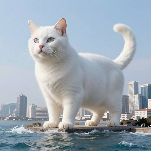Photorealistic digital artwork: giant white cat with blue eyes stands on a rock in the ocean, city skyline with skyscrapers in the background,