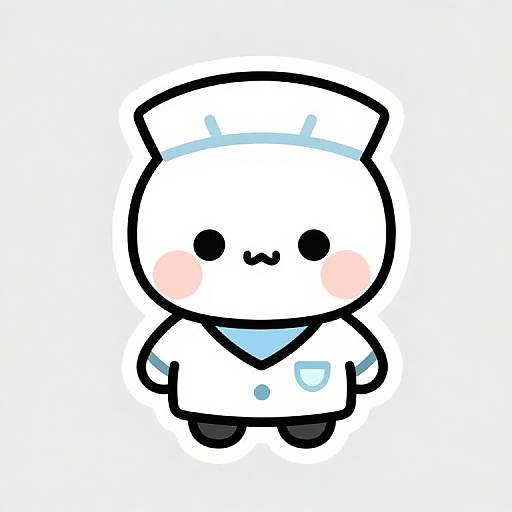 Cute chibi-style drawing of a white, round-headed character with black outlines, wearing a sailor hat and blue collar, with blush marks on its