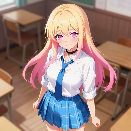 Anime-style digital drawing of a blonde girl with pink-tipped hair, purple eyes, wearing a white shirt, blue tie, and plaid skirt in