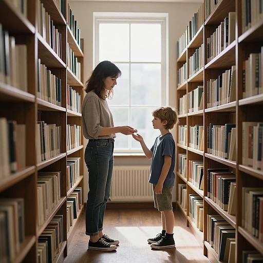 Photograph of a woman with long dark hair and jeans, standing in a library aisle, gently gesturing to a young boy with curly blonde hair,