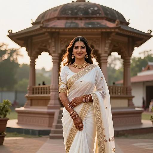 Photograph of a smiling Indian woman in a white sari with gold embroidery, standing in front of a traditional wooden pavilion.
