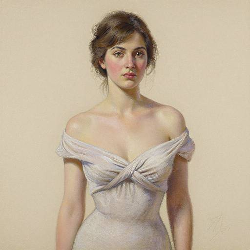 Digital painting of a young woman with fair skin, brown hair, and pink cheeks, wearing an off-shoulder white dress against a beige background.